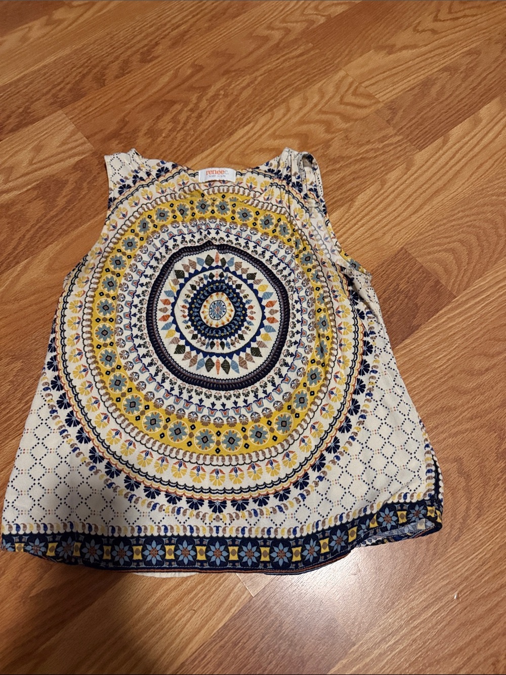 Renee C. Yellow and Navy Mandala Print Sleeveless Tank